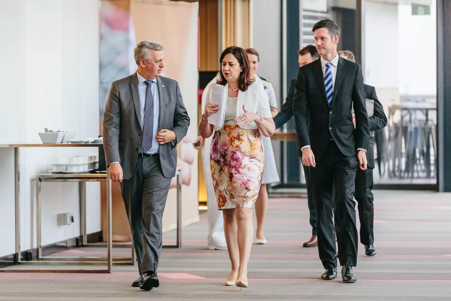 Deputy Under Secretary of the Navy for Management Tom Hicks and Queensland Minister for Energy and Water Supply Mark Bailey with the Premier.