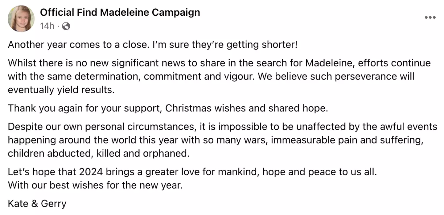 Madeleine McCann's parents shared a new year's statement.