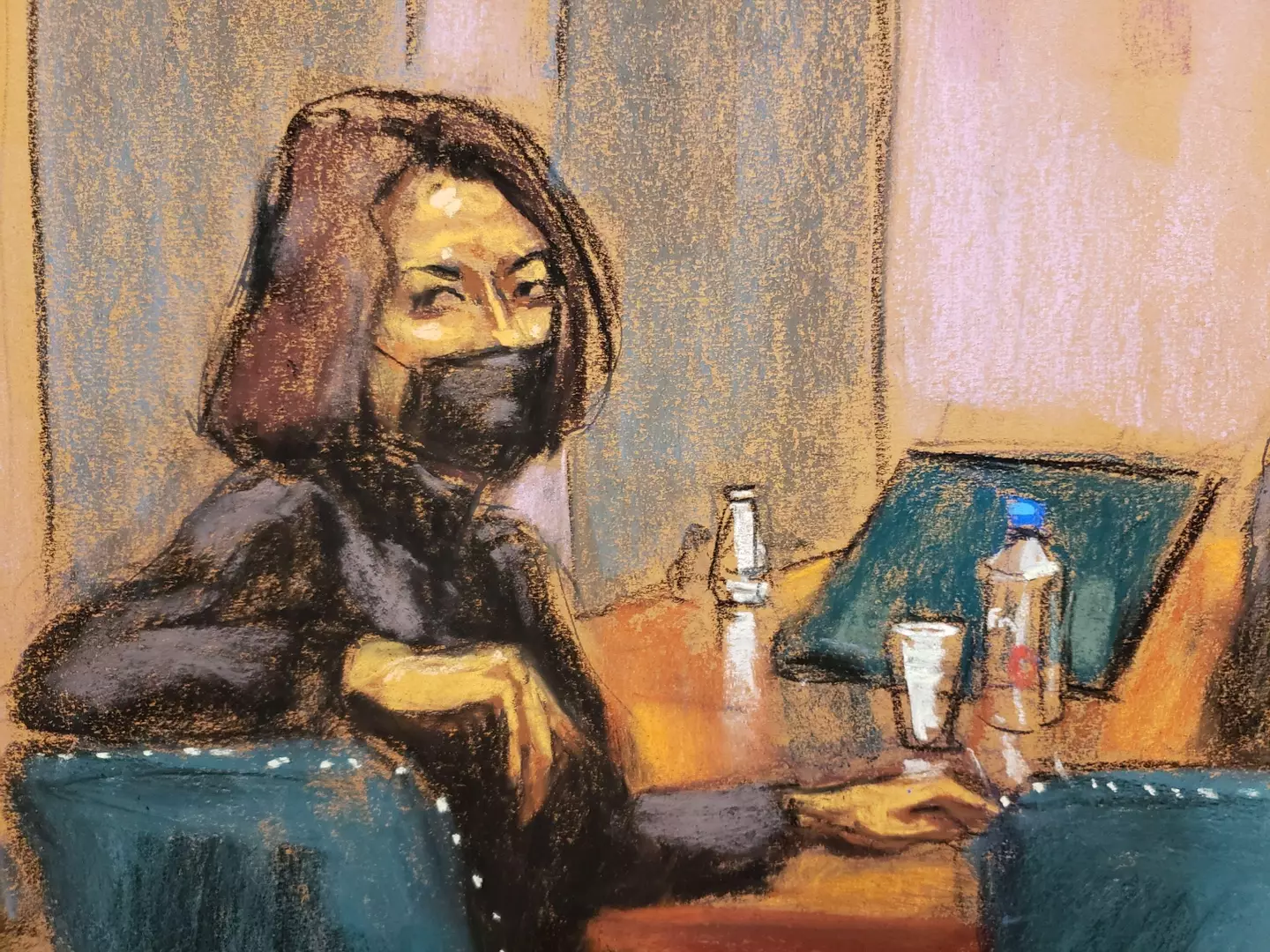 Ghislaine Maxwell as depicted in a courtroom sketch during her trial.