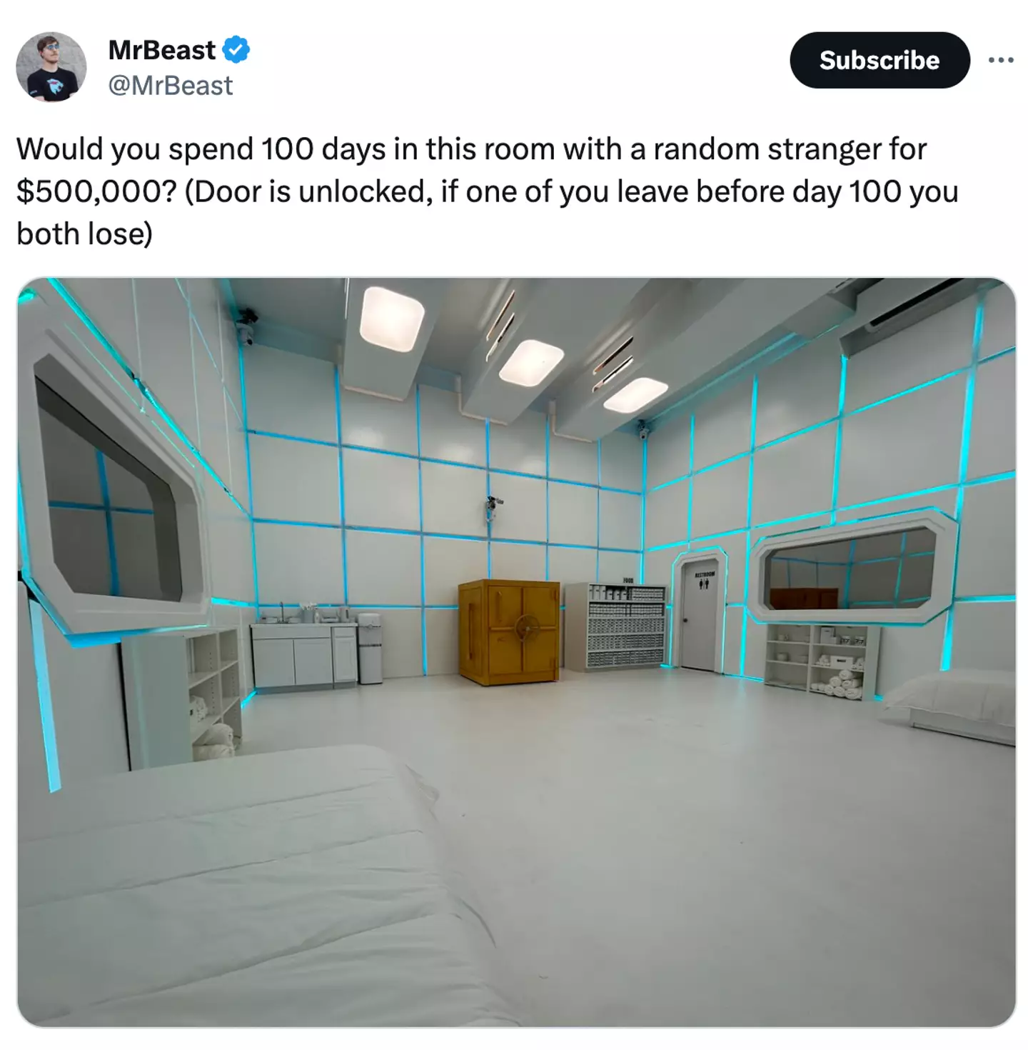 MrBeast shared a picture of the empty room designed for the challenge.