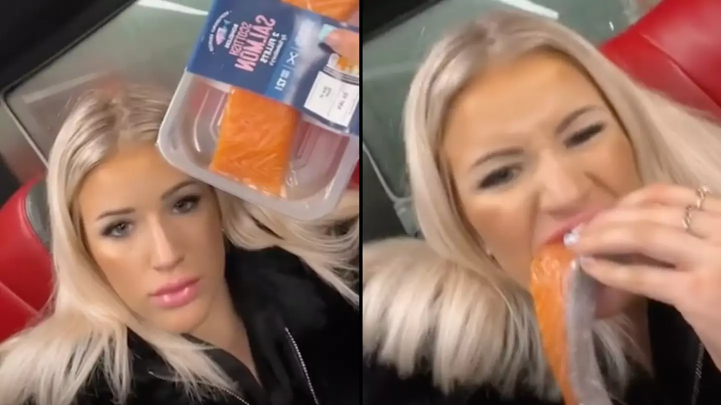 People are disgusted as woman eats raw salmon fillet on bus