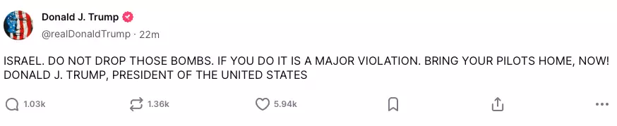 President Donald Trump has had some stern words for Israel on his social media platform (Truth Social/@realDonaldTrump)