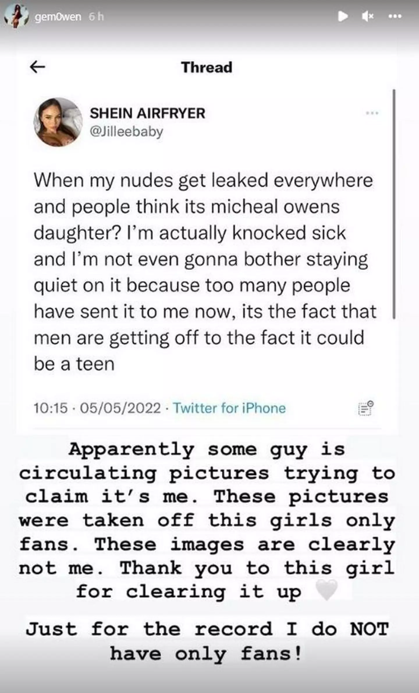 Gemma Owen refuted claims she had shared intimate images.