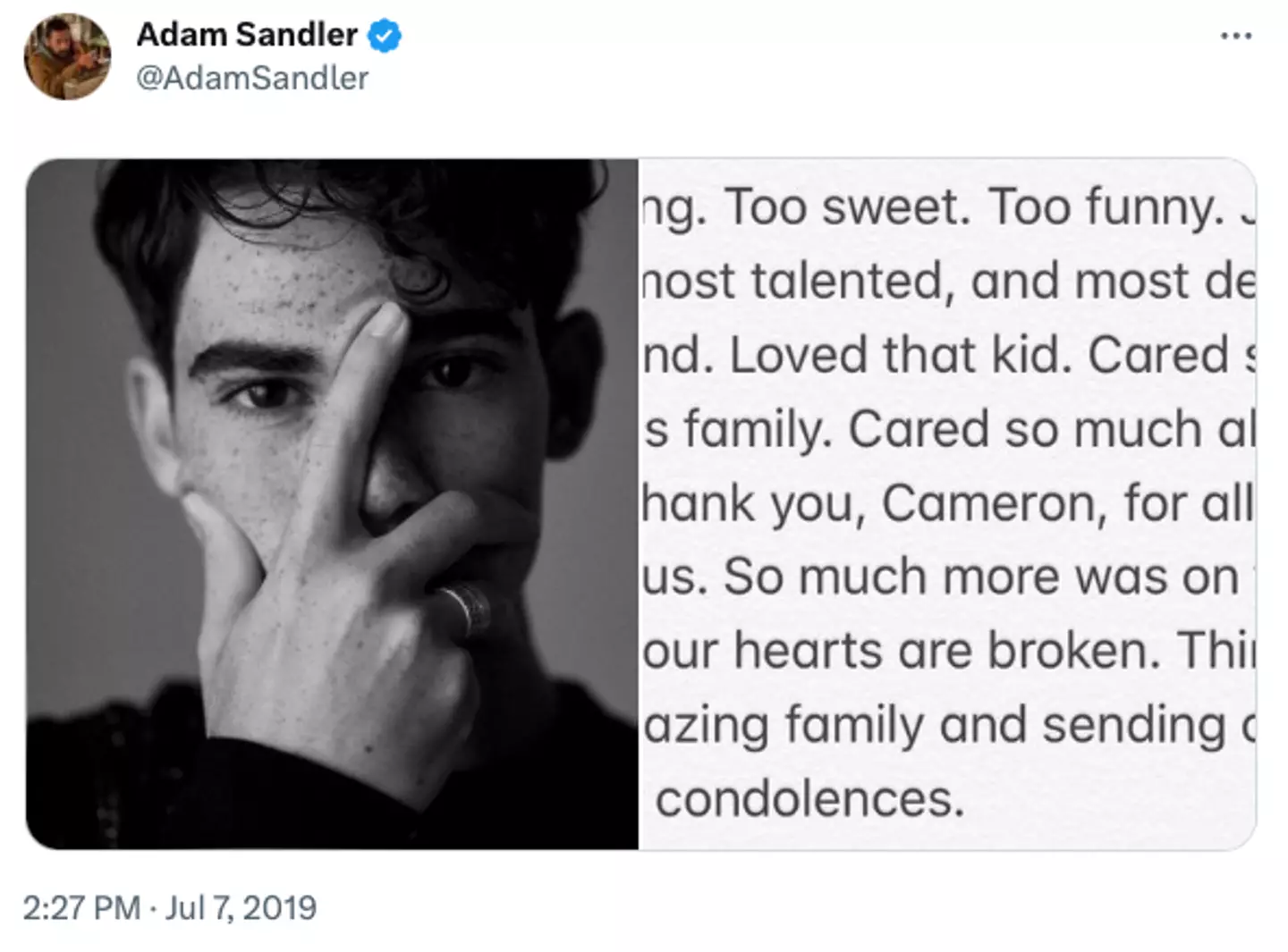 Sandler said he was 'broken' by Cameron Boyce's death.