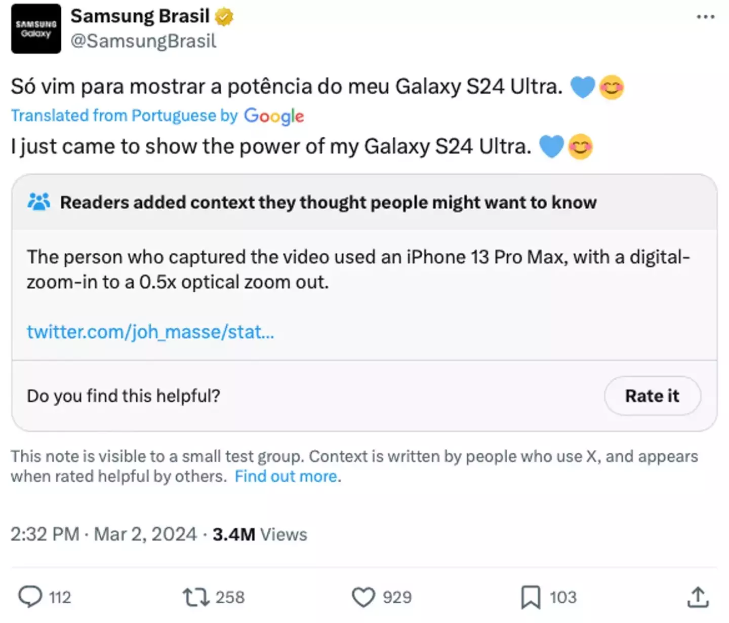 Samsung initially took credit for the video.