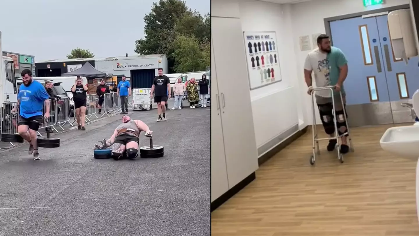 Strongman gives update from hospital after snapping both tendons causing kneecaps to 'shoot up into his thighs'