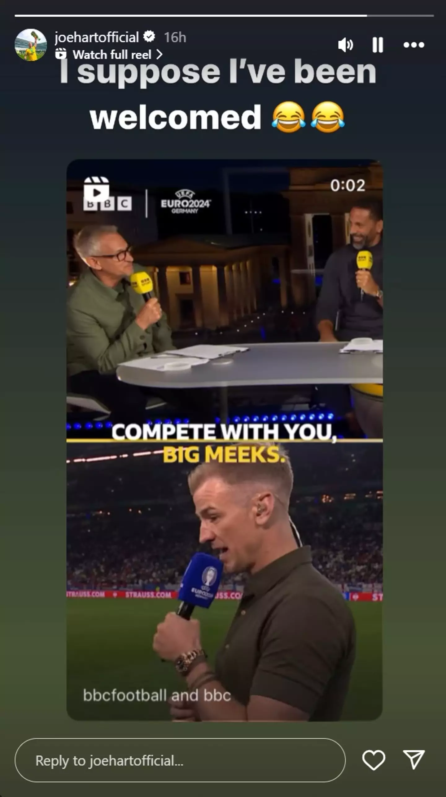 He seemed to handle the jokes well, typical for a keeper. (Instagram/@joehartofficial)