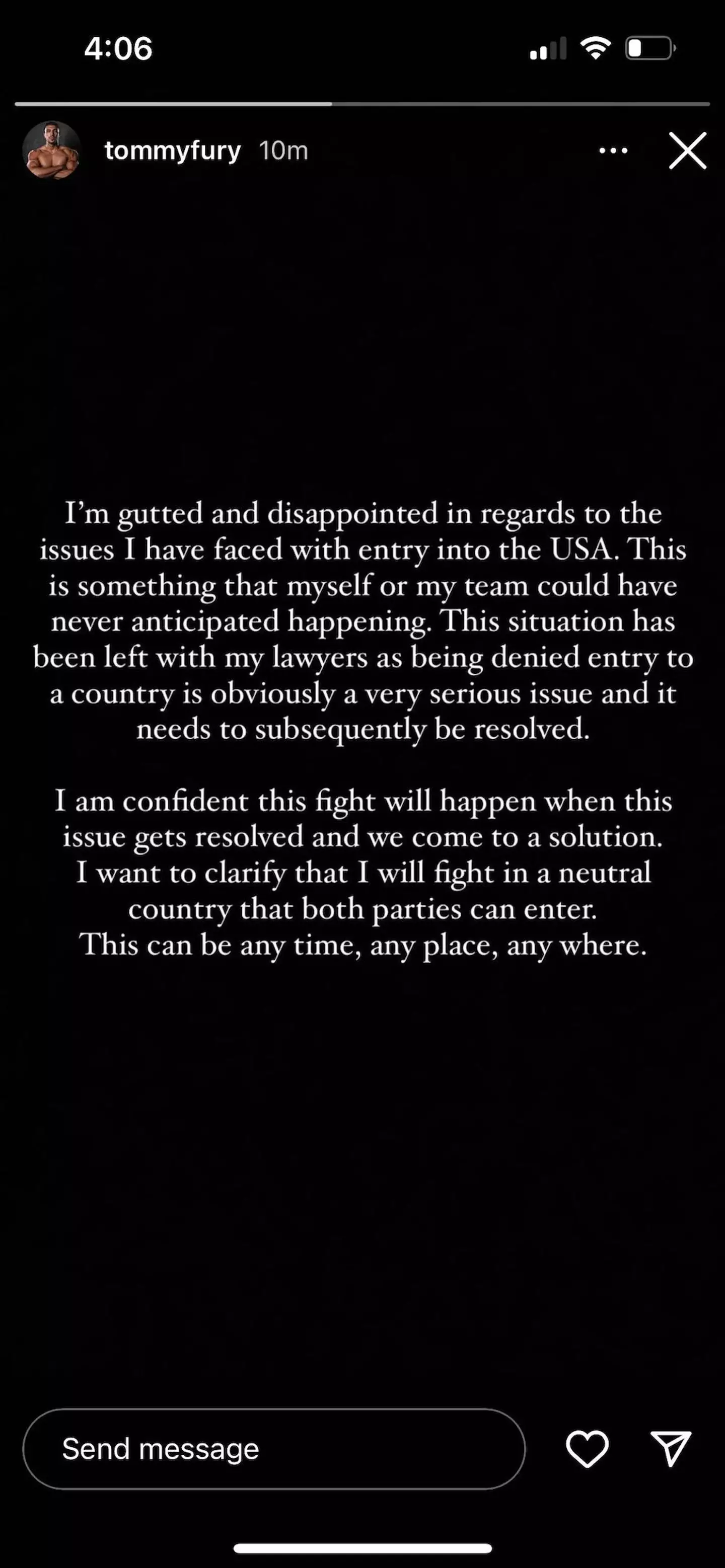 Tommy Fury released a statement on Instagram in response to his cancelled fight with Jake Paul.