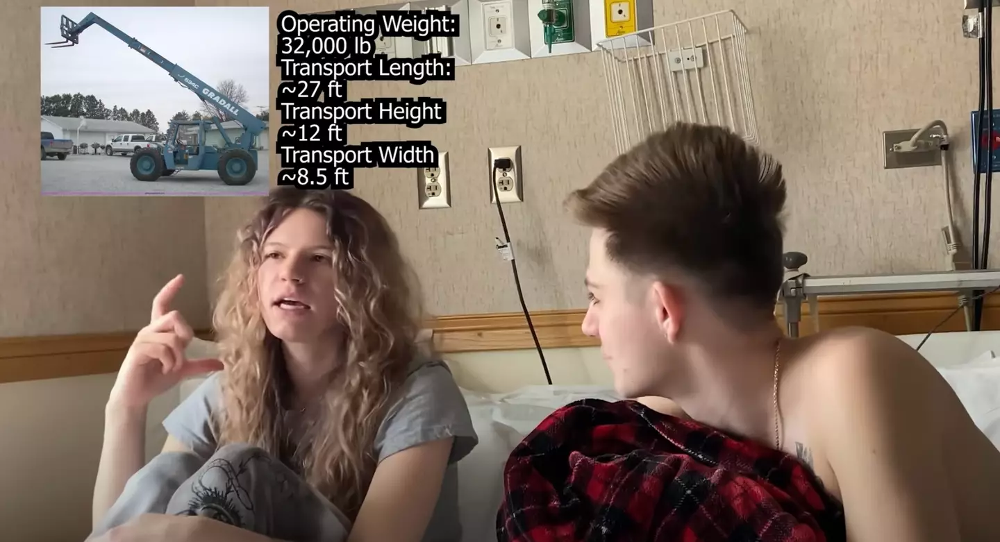 Sabia and Loren showed exactly the kind of forklift that pinned the then-teenager down and resulted in his injuries (YouTube/Sabia and Loren)