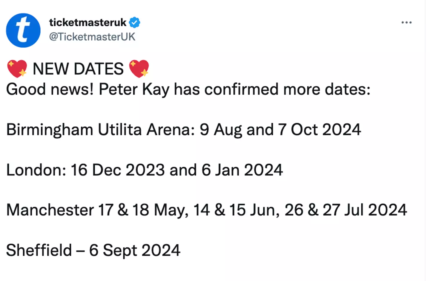 Kay announced new dates due to high demand.