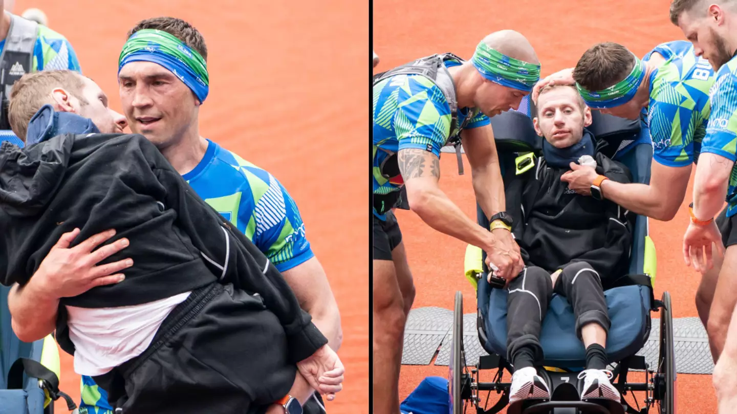 Incredible moment man carries his former rugby teammate over the finish line at Leeds marathon