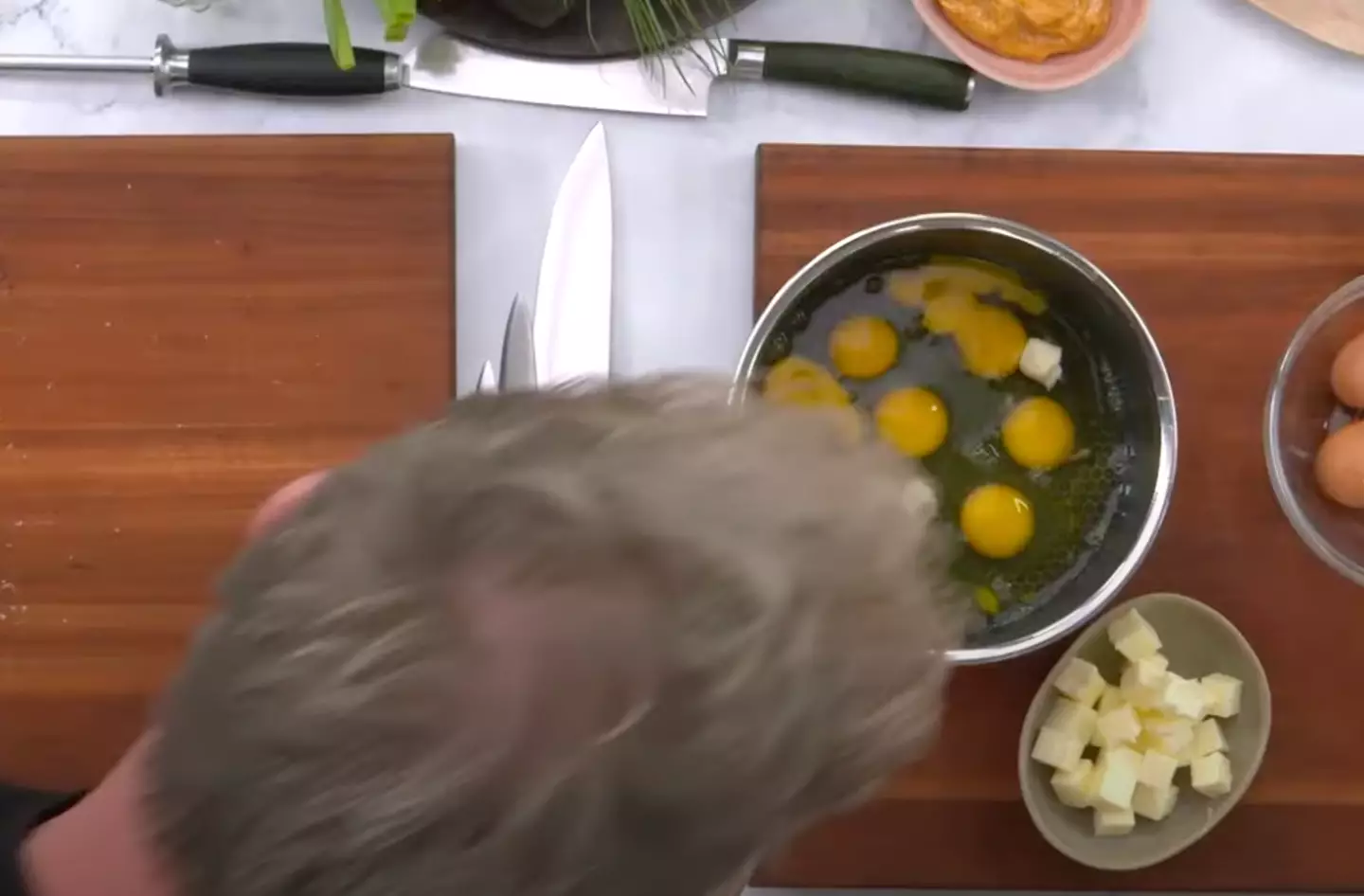Gordon Ramsay realising there are too many eggs and changing up the recipe.