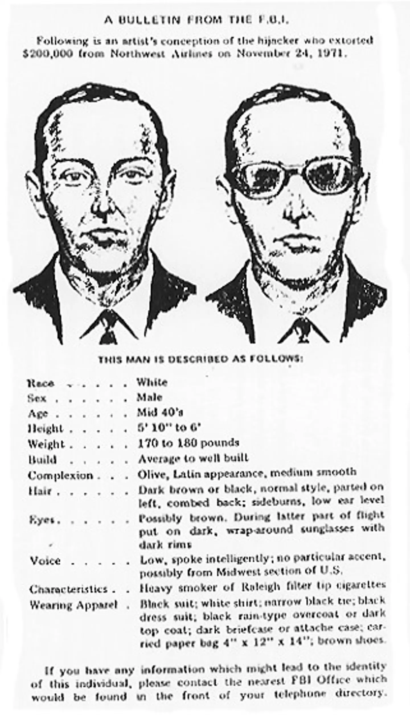 An FBI wanted poster for DB Cooper.