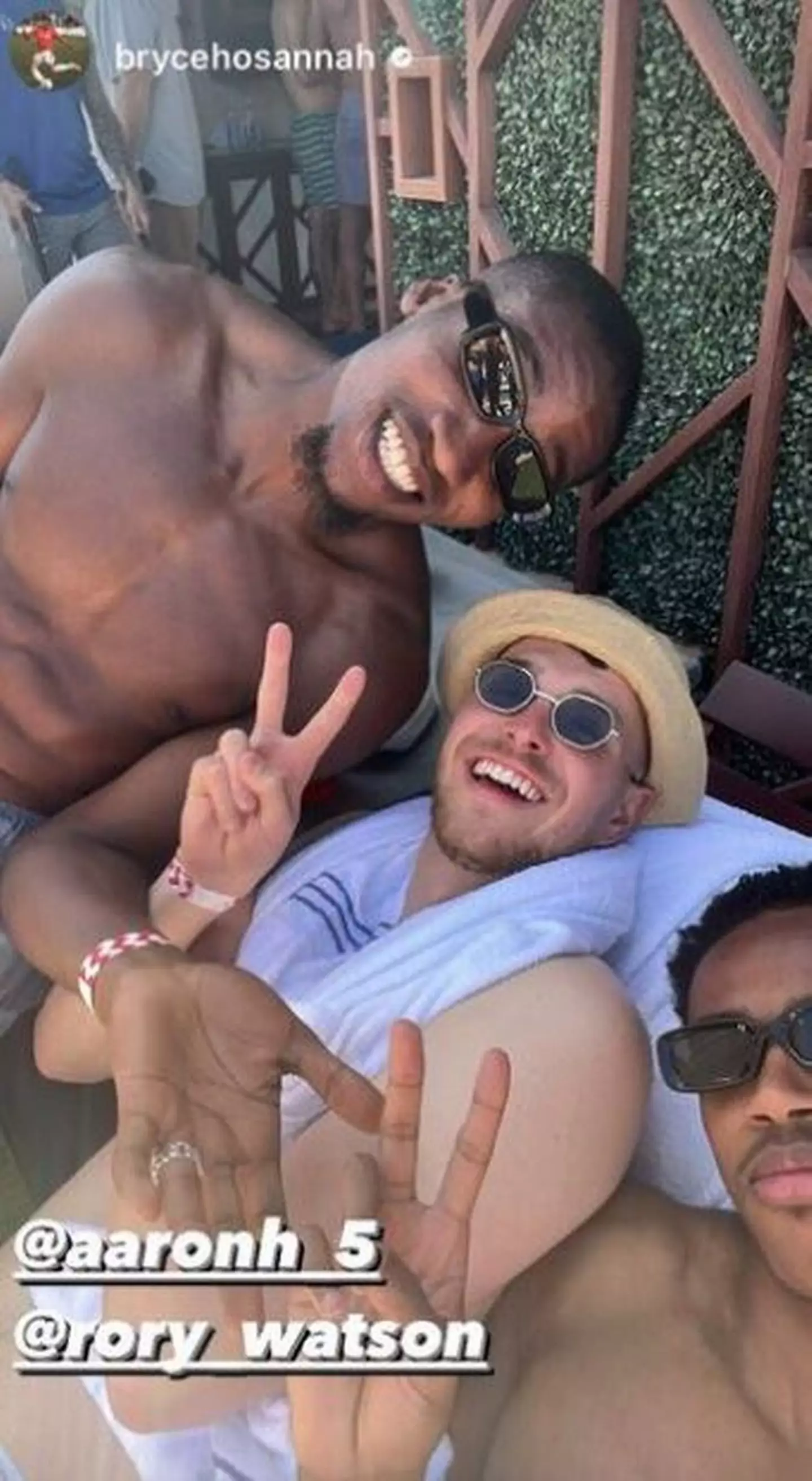 Bryce Hosannah posted a pool party picture with Wrexham team-mates Aaron Hayden and Rory Watson.