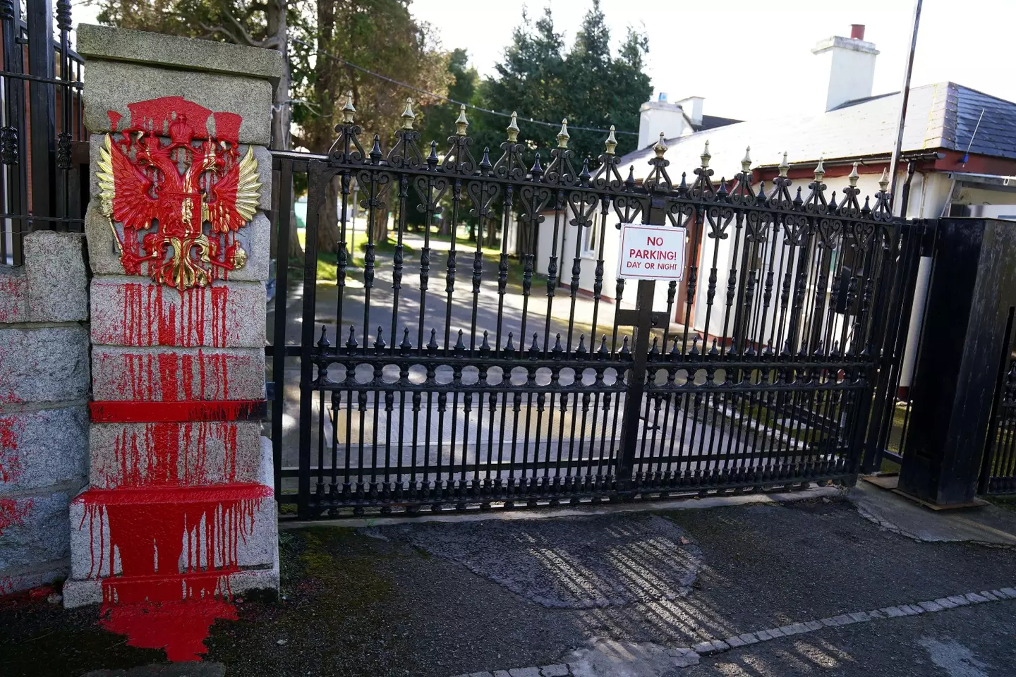 Red paint has been thrown on the embassy since Russia invaded Ukraine.