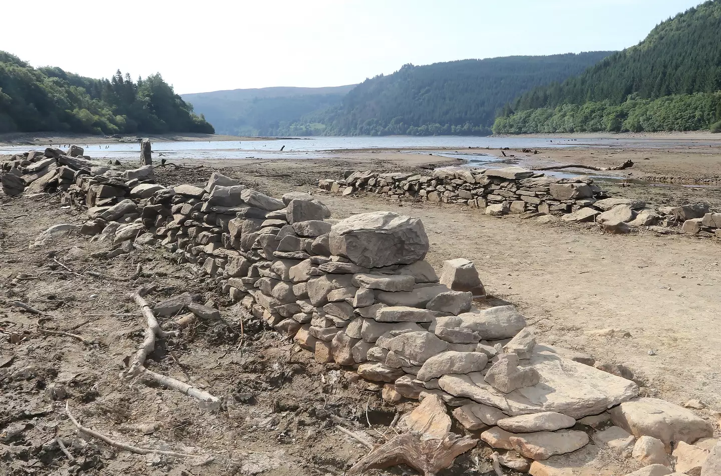 Walls of old buildings emerged when the lake dried up.