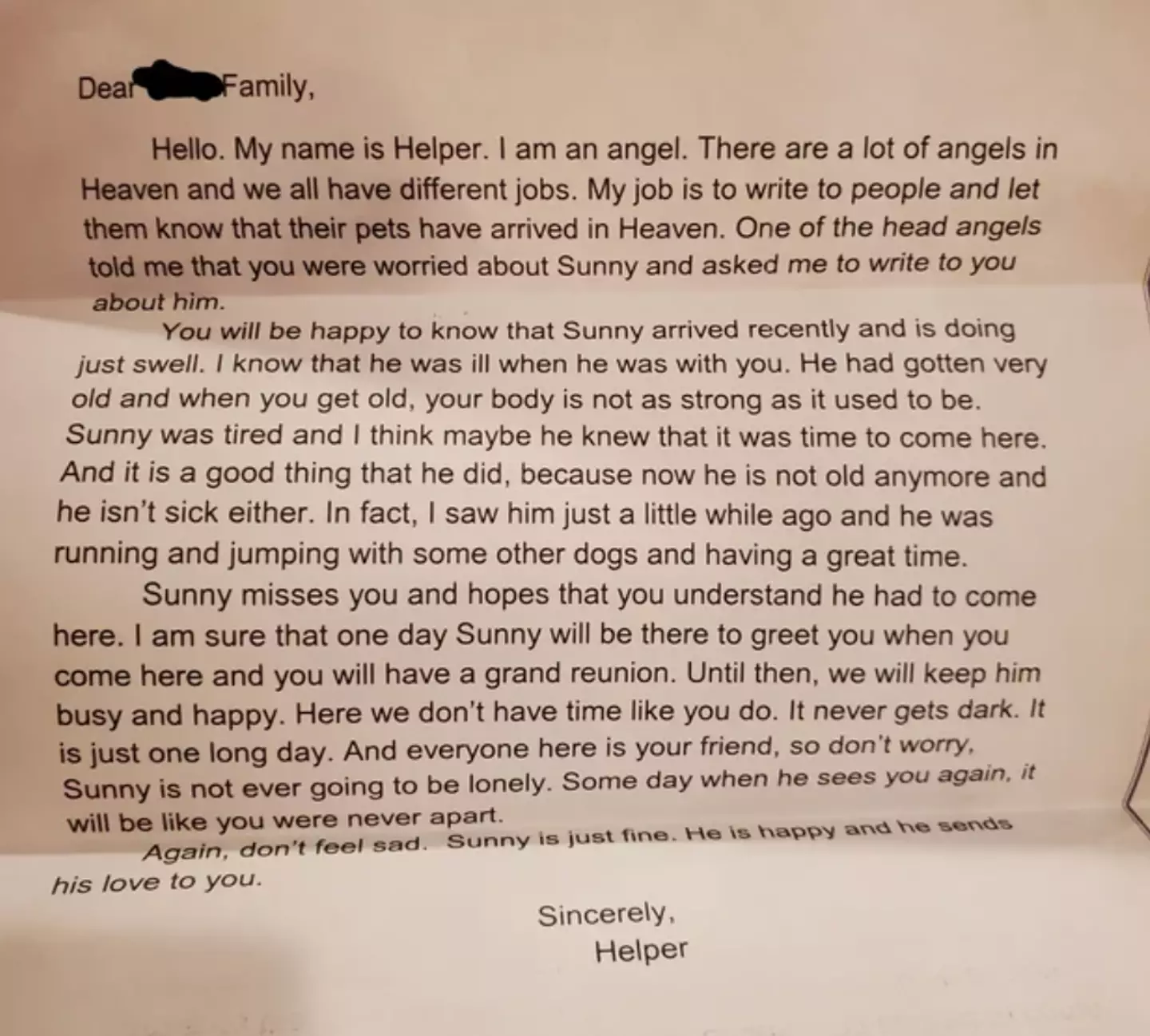 The family got the letter after saying goodbye to their dog.