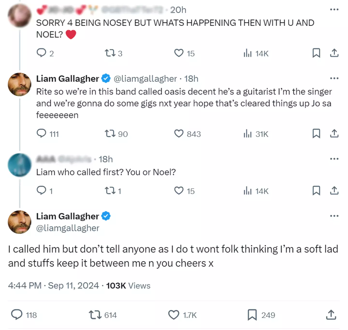 Liam says he was the one to call Noel, but don't go thinking he's a soft lad because of it. (X/@liamgallagher)