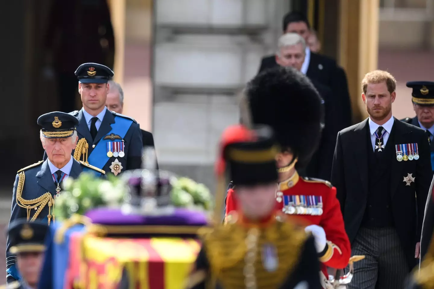 Prince William and Harry walked side by side behind The Queen's coffin.