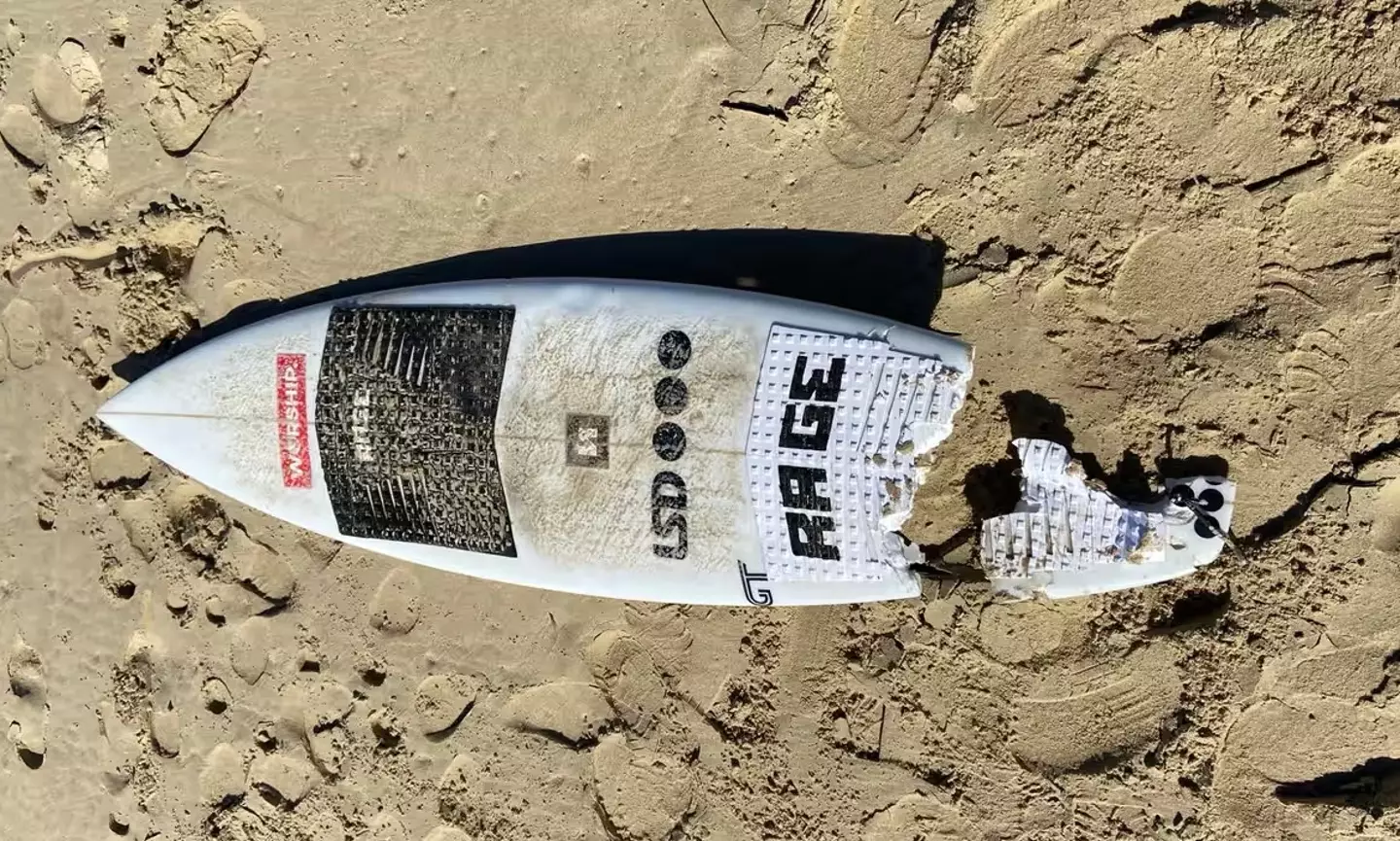 The surfer's right leg was severed and a huge chunk was taken out of his board (NSW Police)