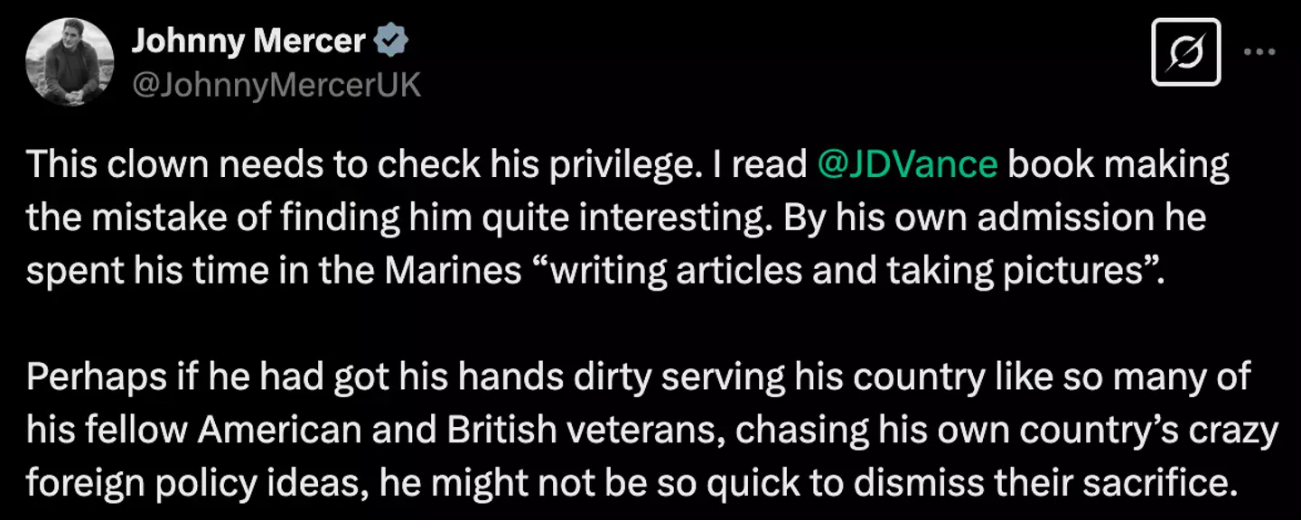Former MP and British army officer Johnny Mercer called Vance a clown (X)