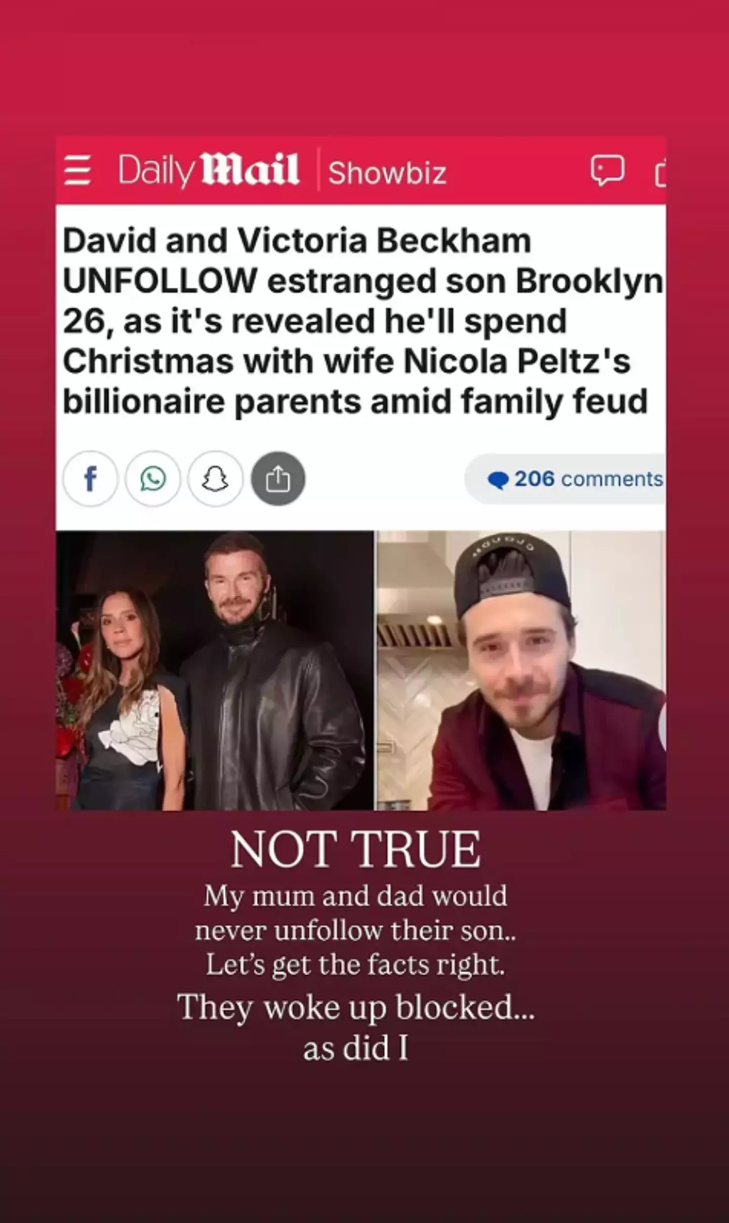 Cruz took to his Instagram Stories to rubbish claims that his parents unfollowed Brooklyn (Instagram/@cruzbeckham)