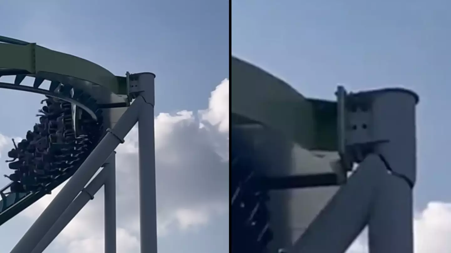 Heartstopping moment huge crack appears on rollercoaster as people fly past on ride