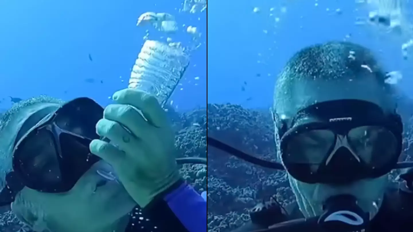 Man does water bottle experiment while 60ft underwater to make terrifying point about holding breath in sea