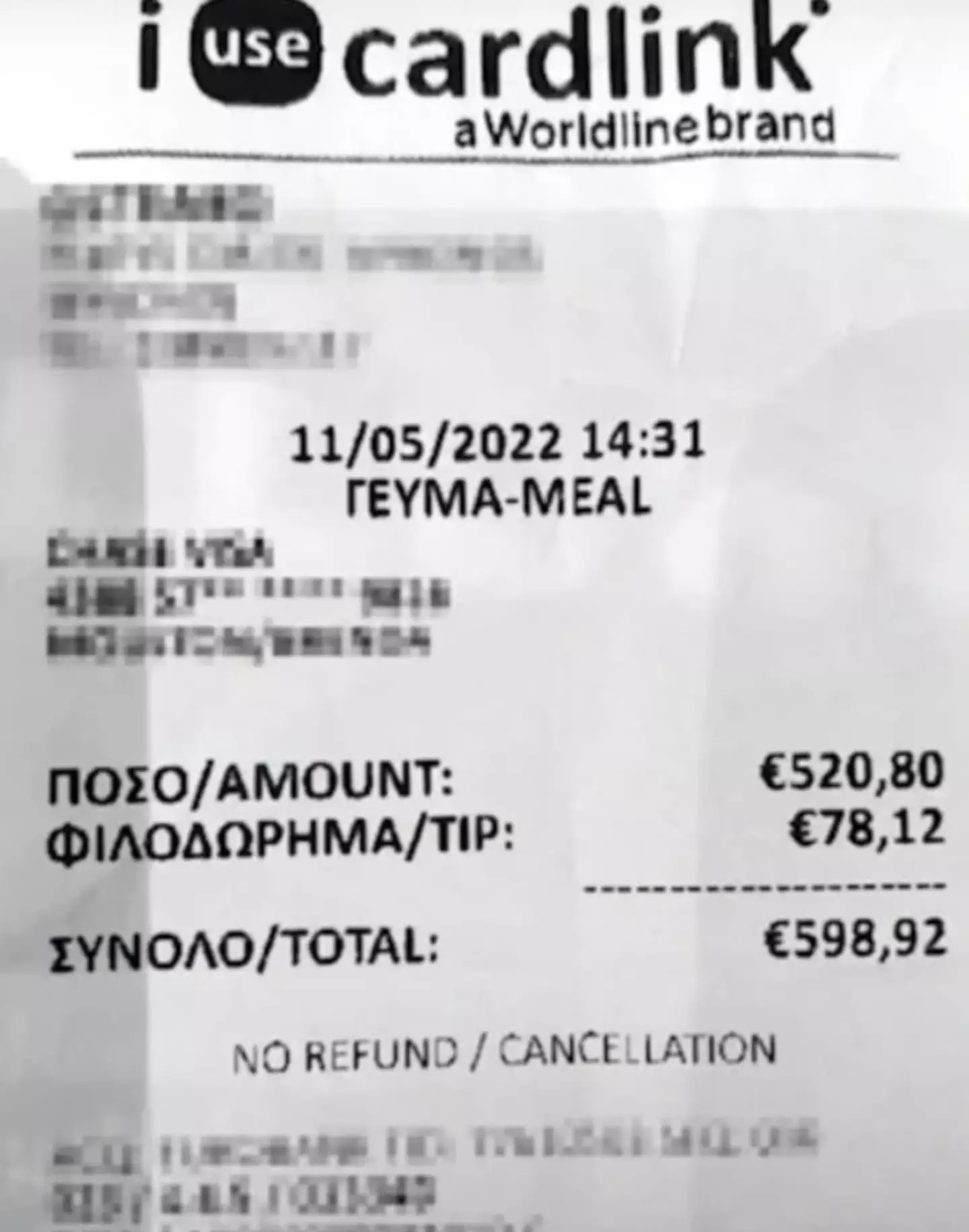 The bill came to just under €600 (£512).