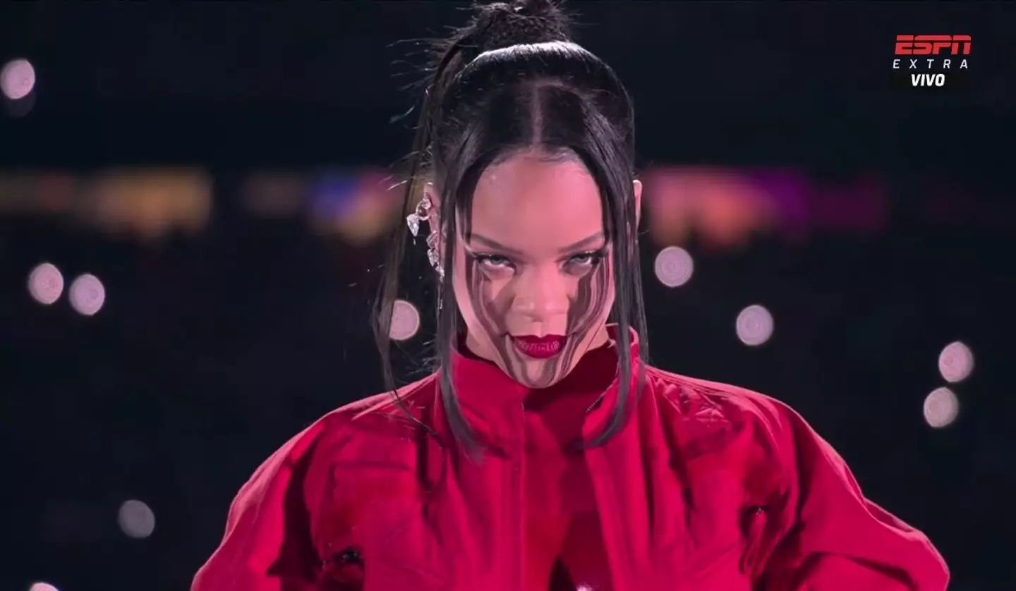 Rihanna performing at the Super Bowl.