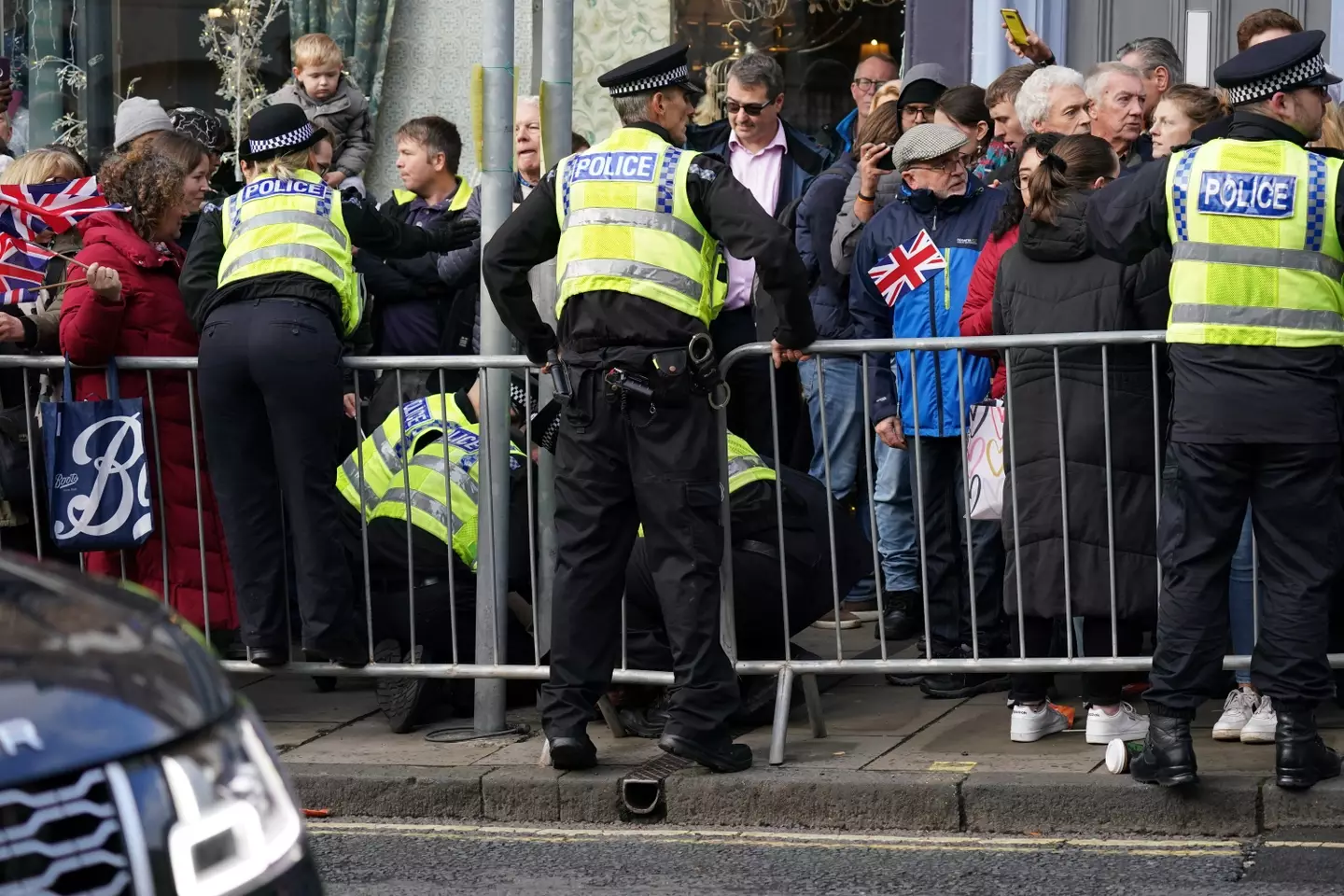 A man was detained after allegedly throwing several eggs at King Charles III and Camilla.