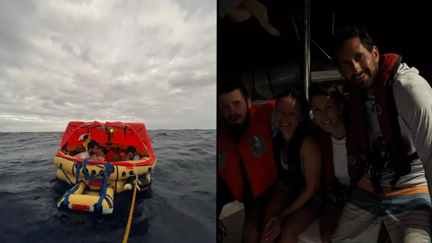 Group of friends rescued from middle of ocean after giant whale sank boat as they ate pizza