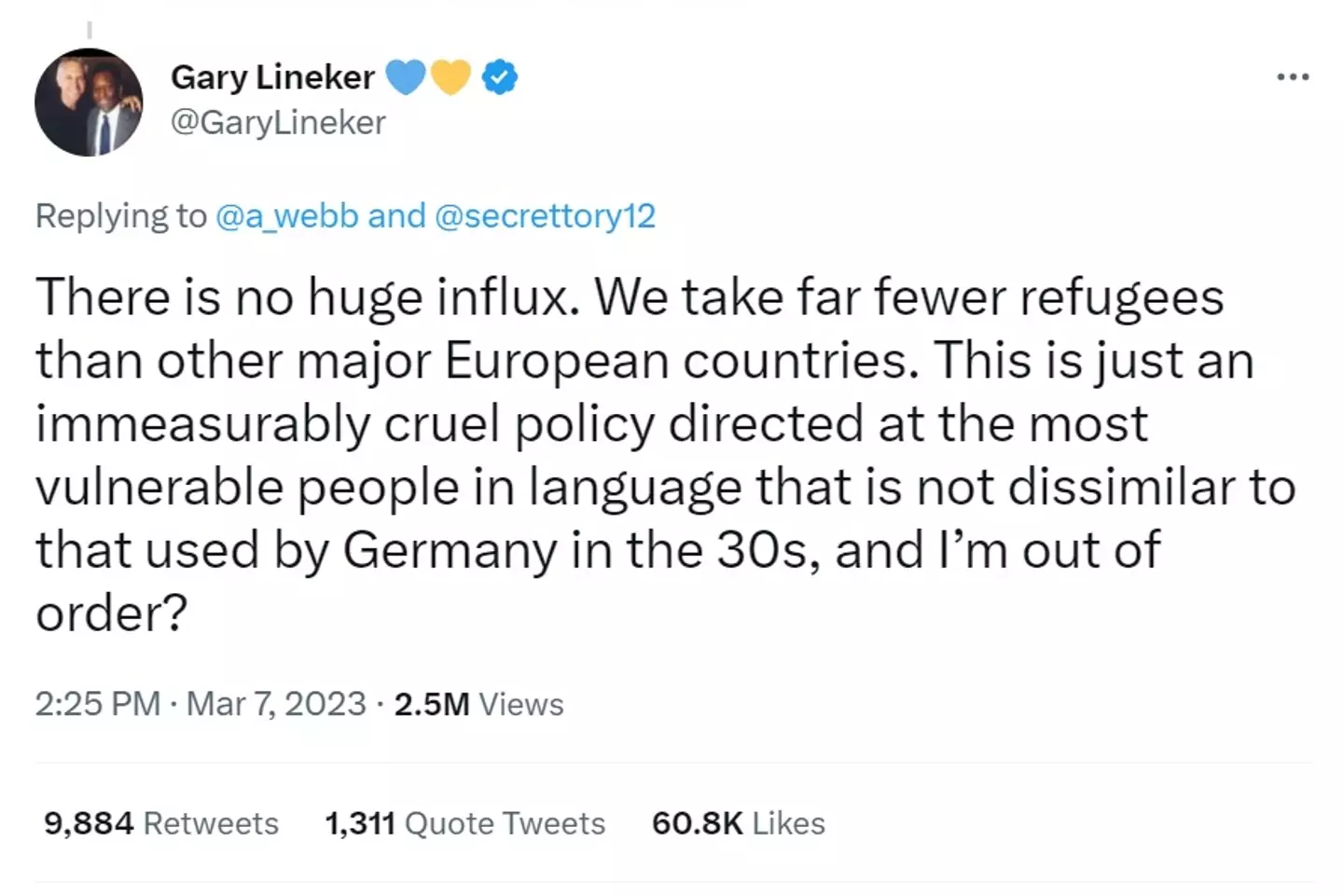 Gary Lineker criticised the government's policy in response to a Home Office video claiming they 'must stop the boats' of migrants attempting to enter the UK.