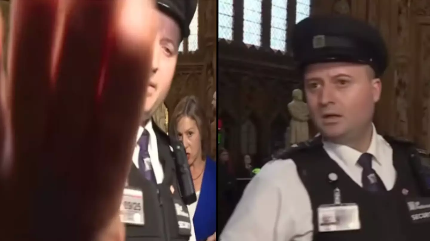 Police officer mistakenly tries to stop Sky News filming during live interview