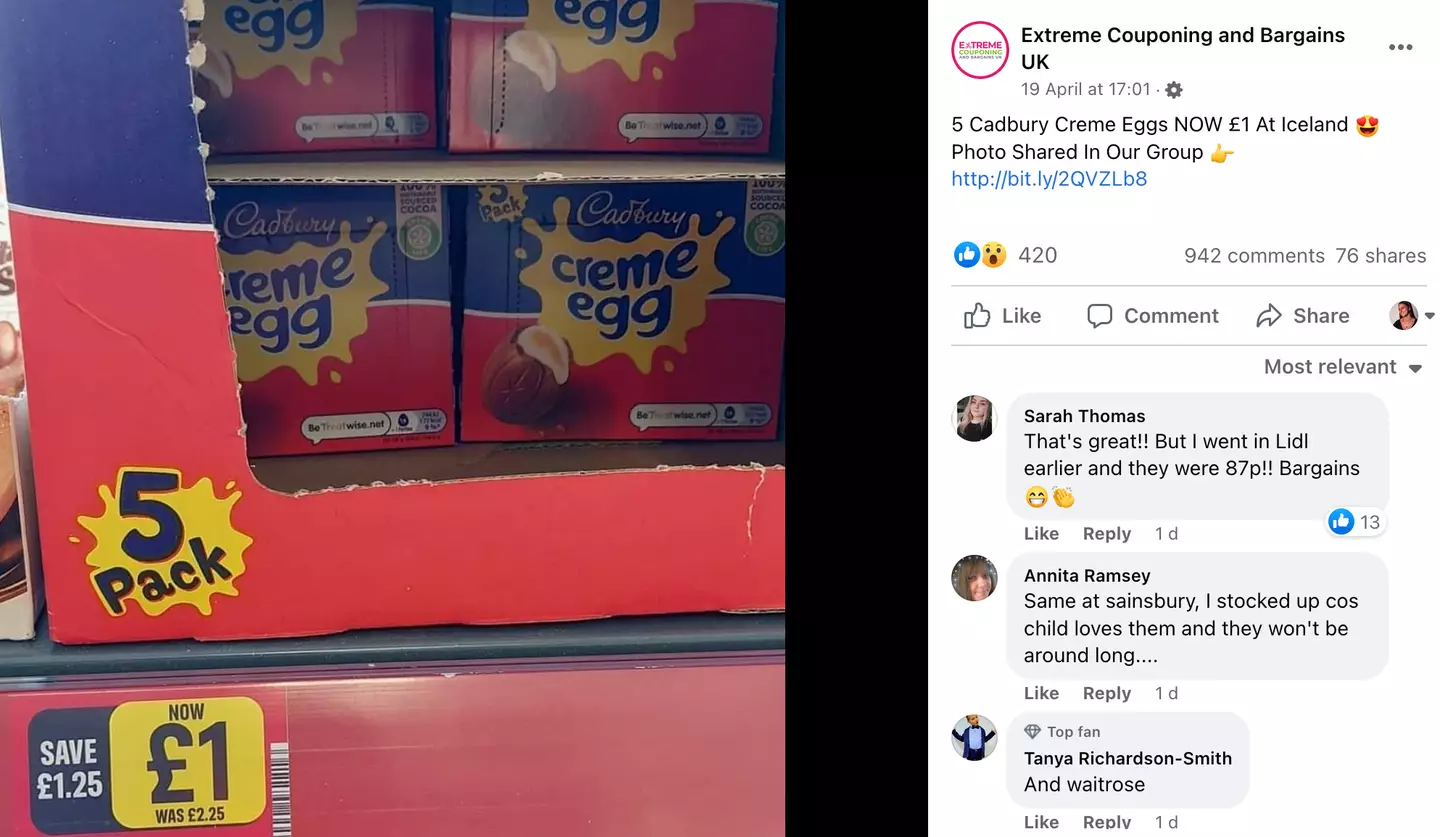 A Facebook group shared the differing prices of Creme Eggs found at multiple supermarkets in the UK.