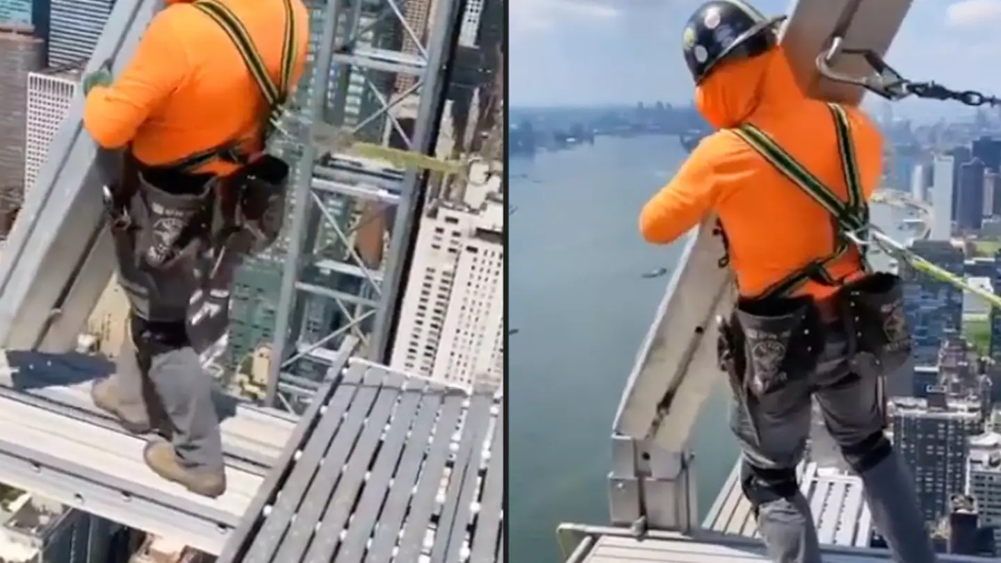 People Are Freaking Out Watching Construction Worker Casually Carry Beam At Massive Height