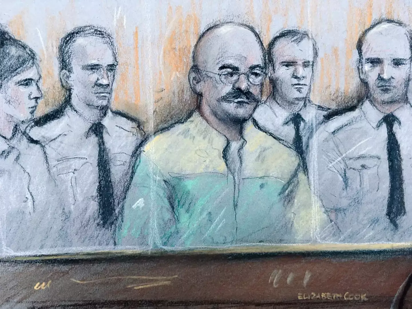 Sketch of Charles Bronson in court.