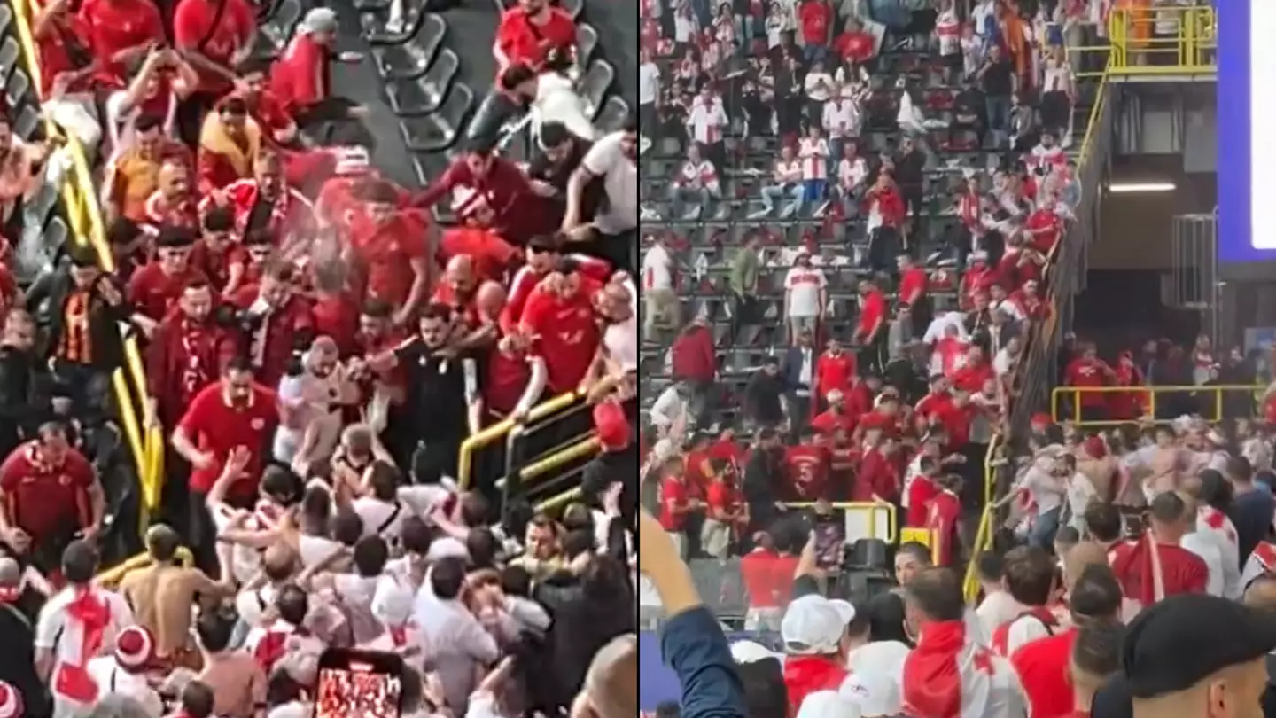 Chaotic scenes at Euro 2024 as mass brawl erupts between Turkey and Georgia fans while water pours from leaking roof