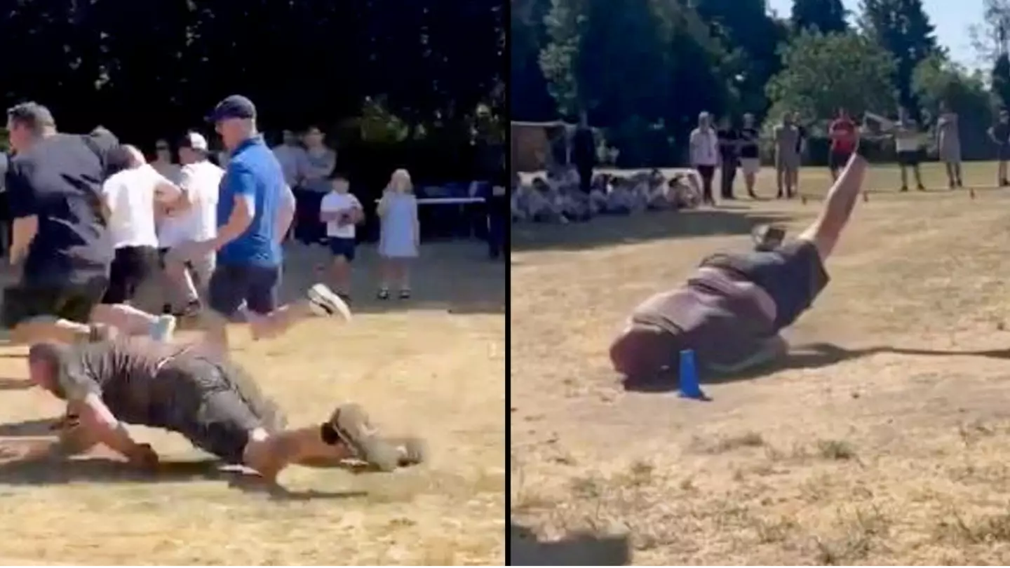 Horrifying moment grandad faceplants at school sports day leaving him with serious injuries
