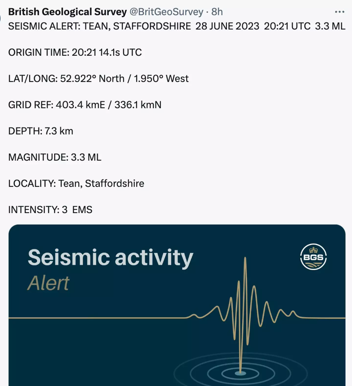 The British Geological Survey announced the quake on Twitter.