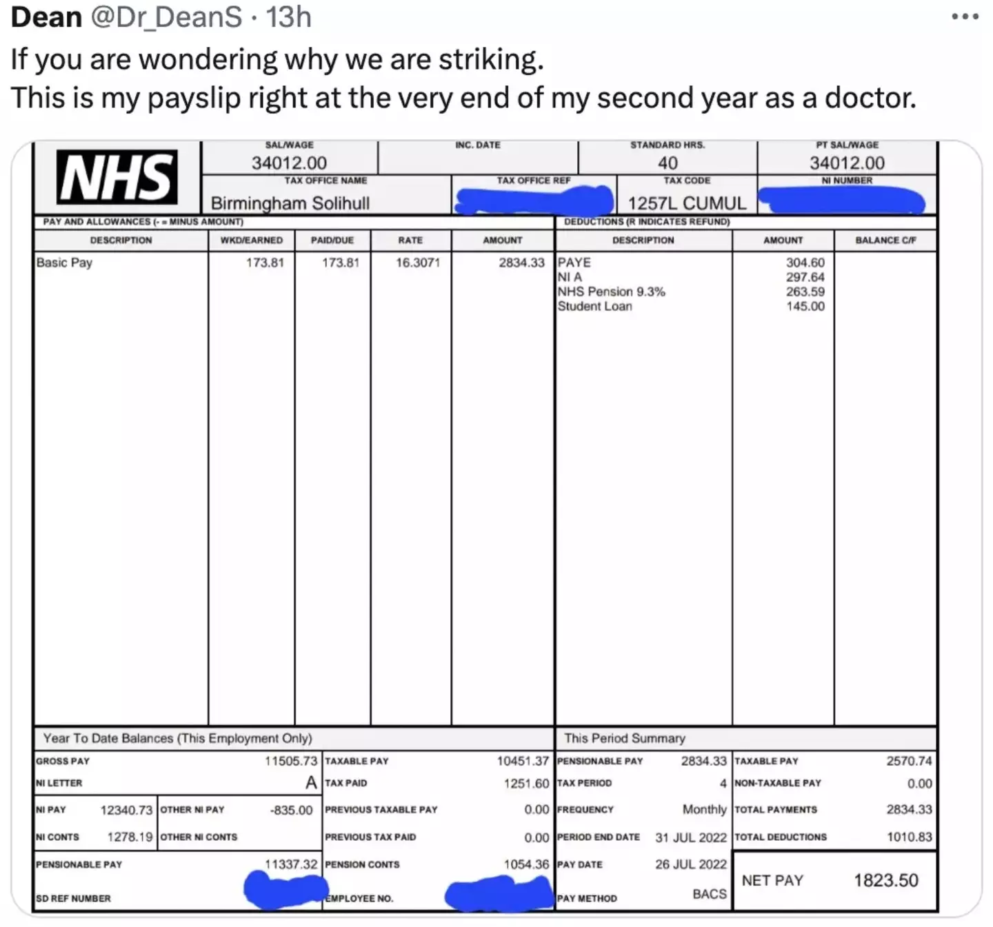 Dean shared his payslip after two years on the job.