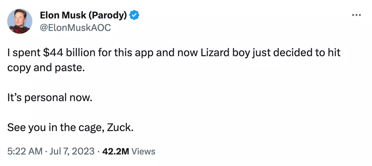 An Elon Musk parody account poked fun at the 'feud' between the Twitter CEO and Mark Zuckerberg.