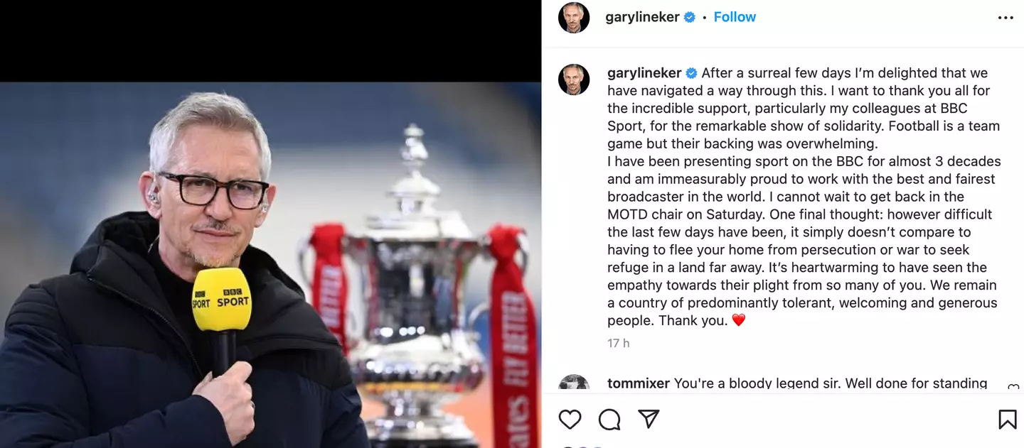 Lineker has since been reinstated at the BBC.