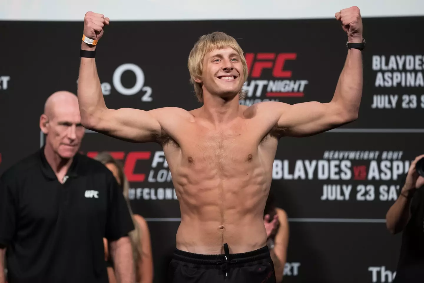 Pimblett posing on the scale during the UFC Fight Night last weekend.