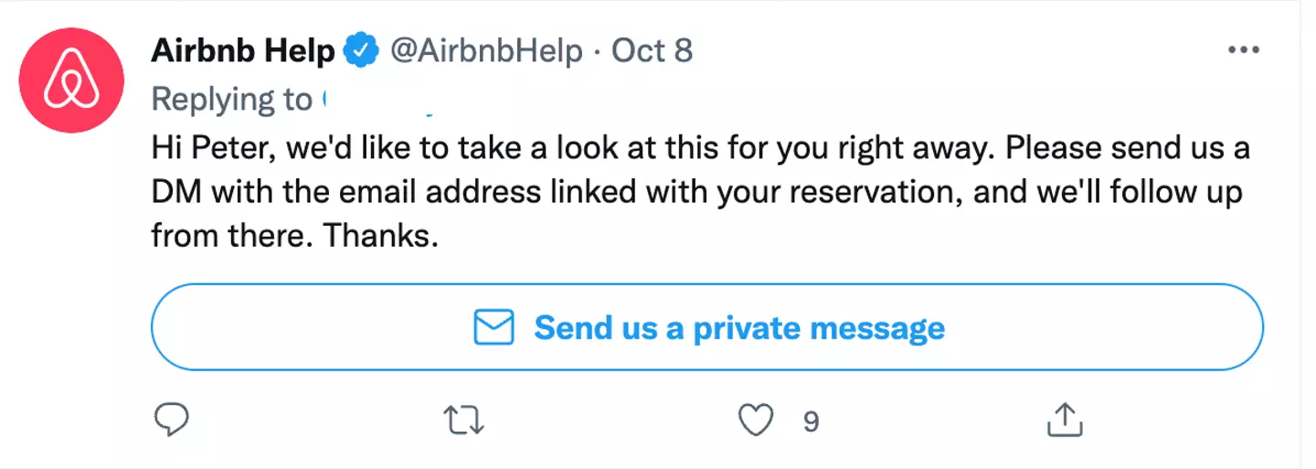 Airbnb responded to Peter's tweet about the cancellation.