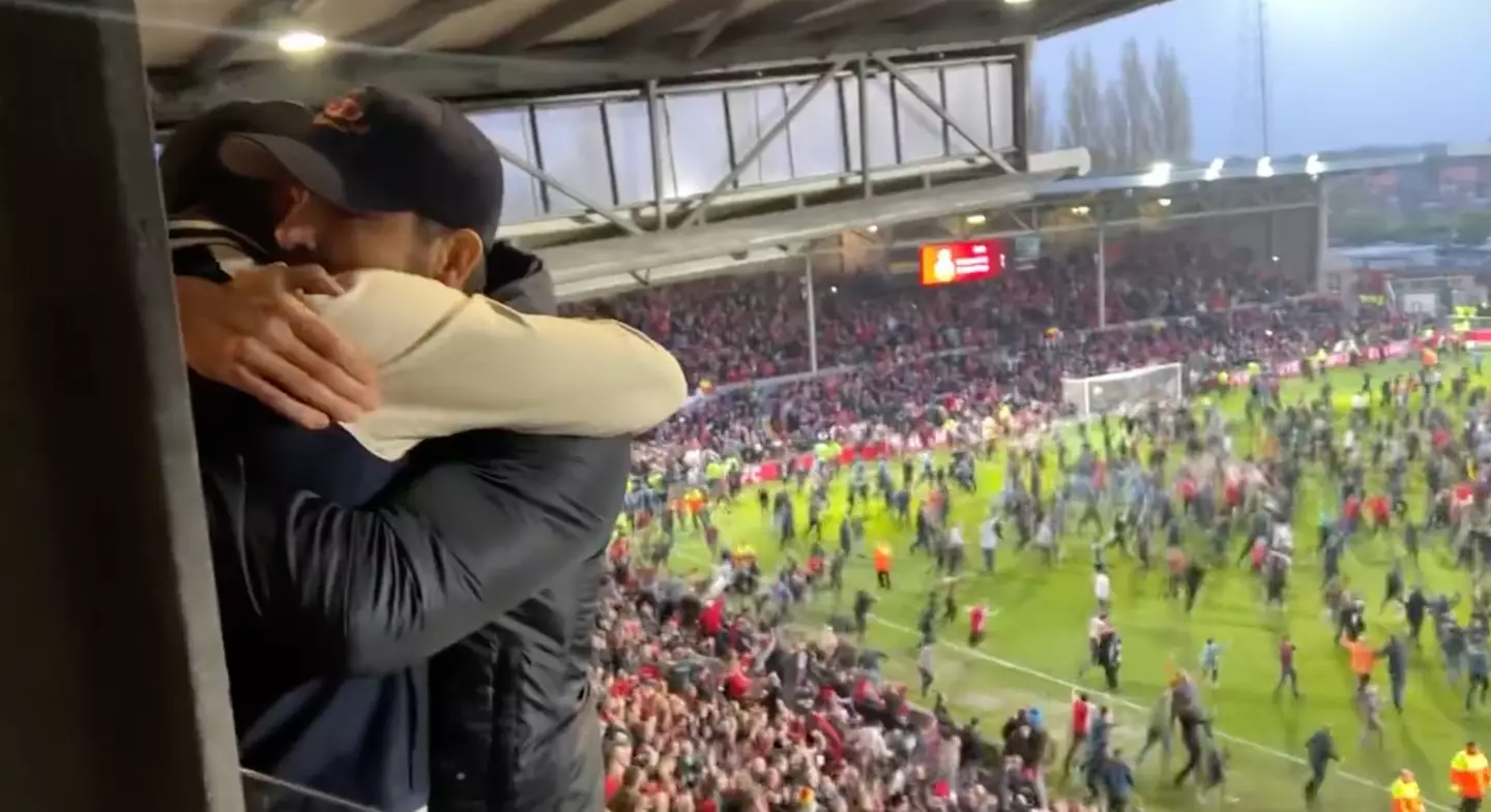 McElhenney and Reynolds celebrated the win with a heartfelt hug in footage captured by Paul Rudd.