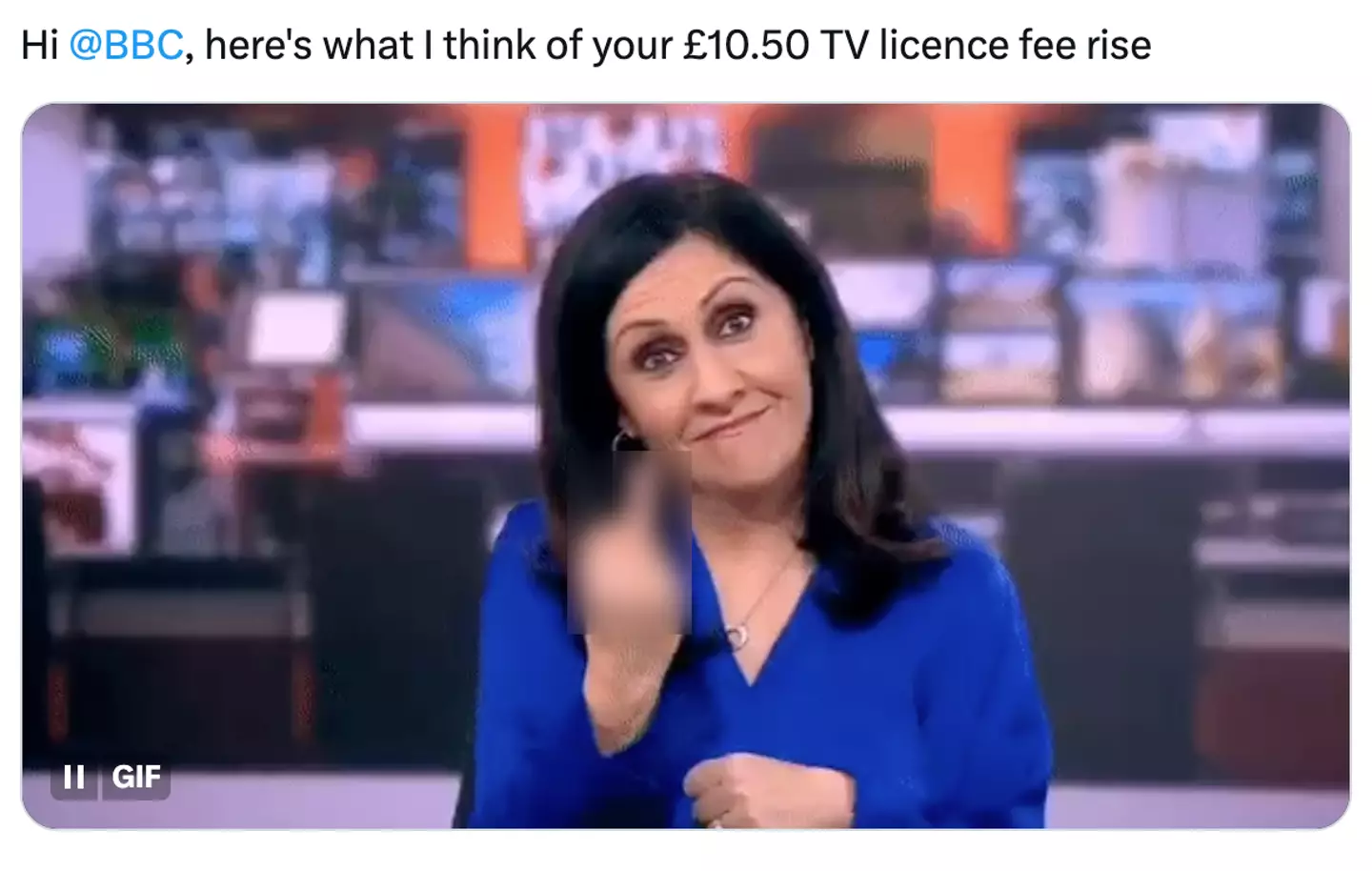 The BBC presenter has been made into a GIF to depict their resentment over the price increase.