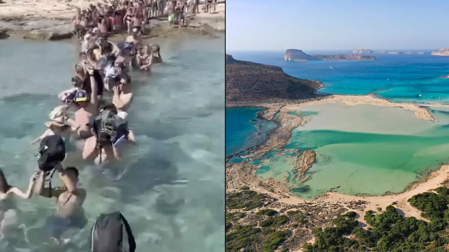 Terrified tourists forced to disembark from ferry and wade through deep water with luggage over heads