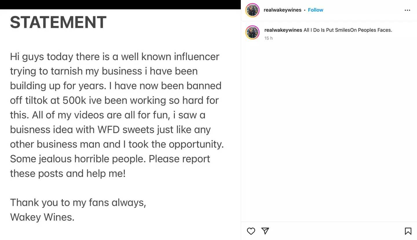 Wakey Wines released a statement via Instagram.