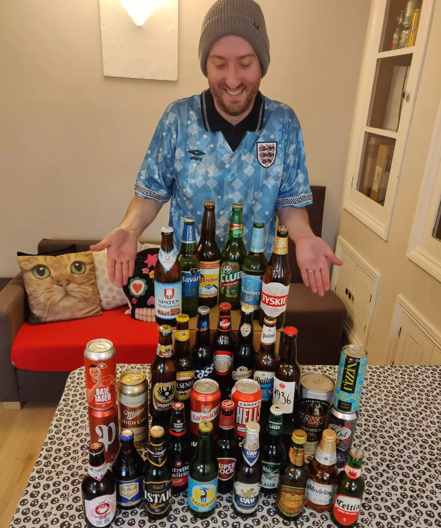 Gus has collected a total of 32 beers from across the globe.